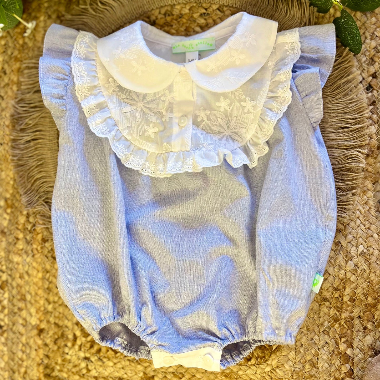 Body bambina in tessuto oxford cotone e pettorina in cotone ricamato