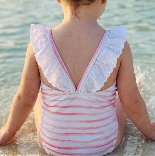 Costume intero jersey cotone righe rosa con volant cinta Sangallo