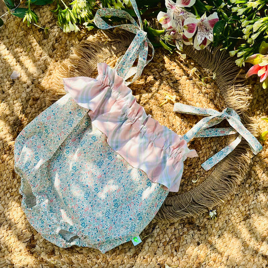 Body mare in cotone stampato e spalline annodate fiori rosa