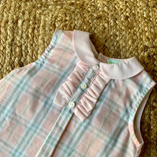 Camicia smanicata bambina in cotone stampa quadretto rosa
