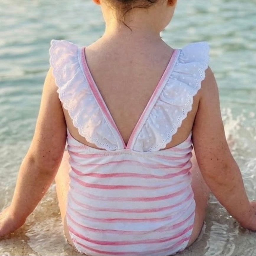 Costume intero jersey cotone righe rosa con volant cinta Sangallo