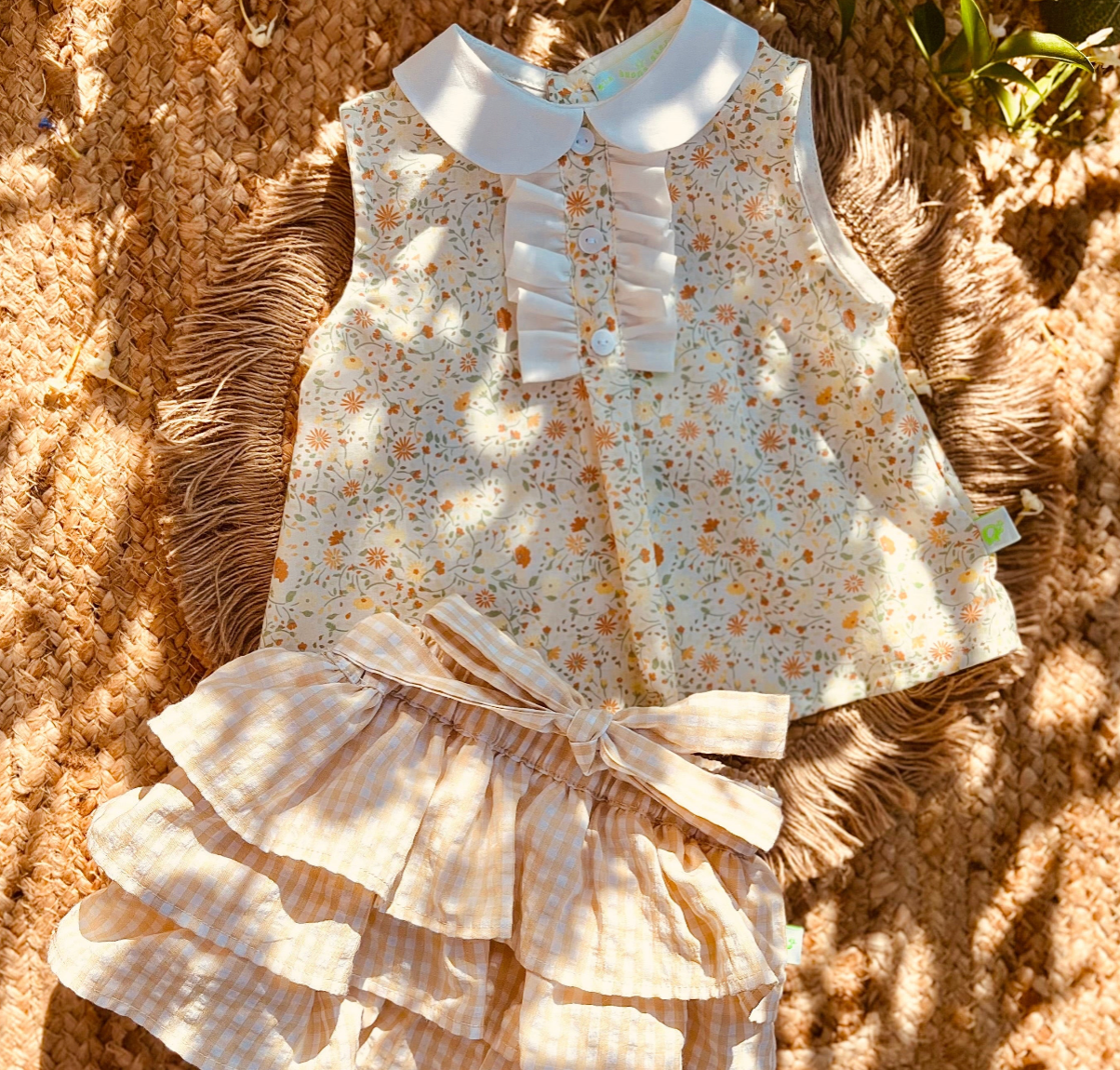 Camicia smanicata bambina in cotone stampa quadretto rosa
