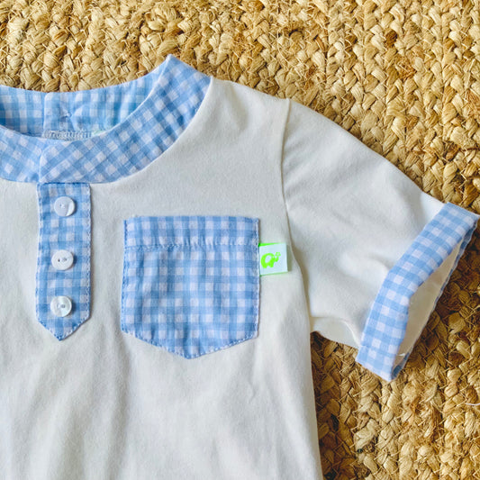 T-shirt per bambino in jersey di cotone e Vichy celeste