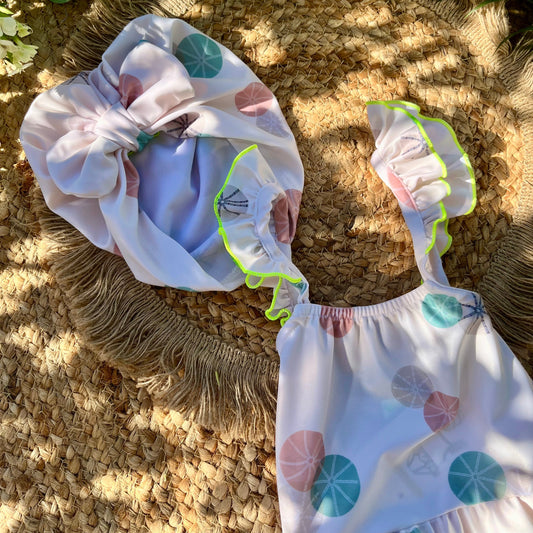 Turbante bambina in Lycra riciclata con filtro UV fantasia Stain