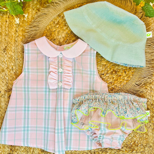 Set mare mutande e cappellino per bambina in cotone tartan rosa