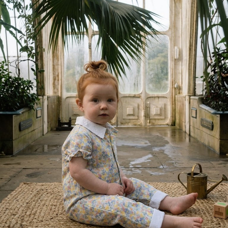 Tuta bambina in cotone Vichy stampato con inserti in batista ricamata